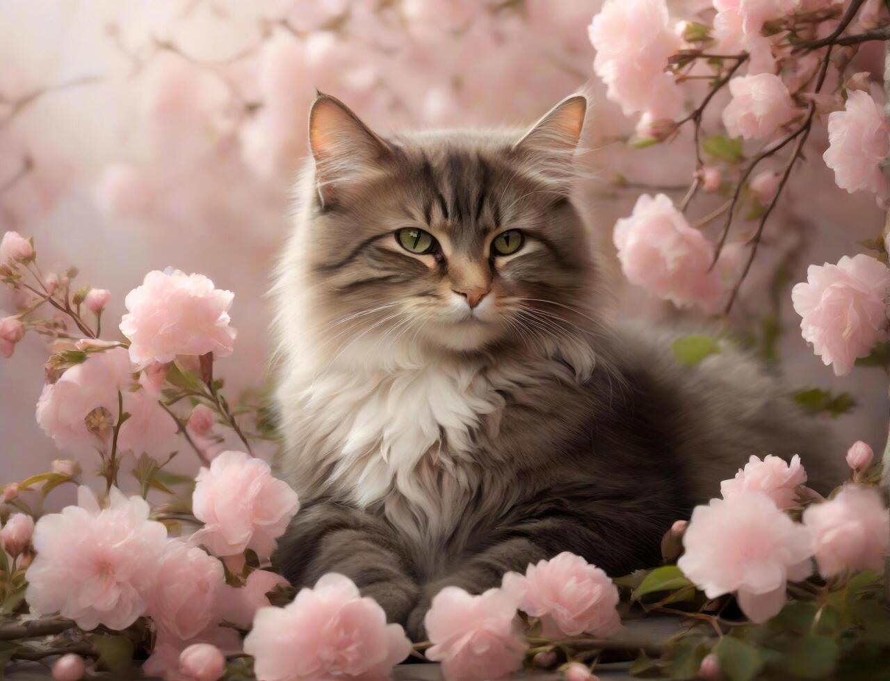 ai gegenereerd grijs kat omringd door roze bloesems foto
