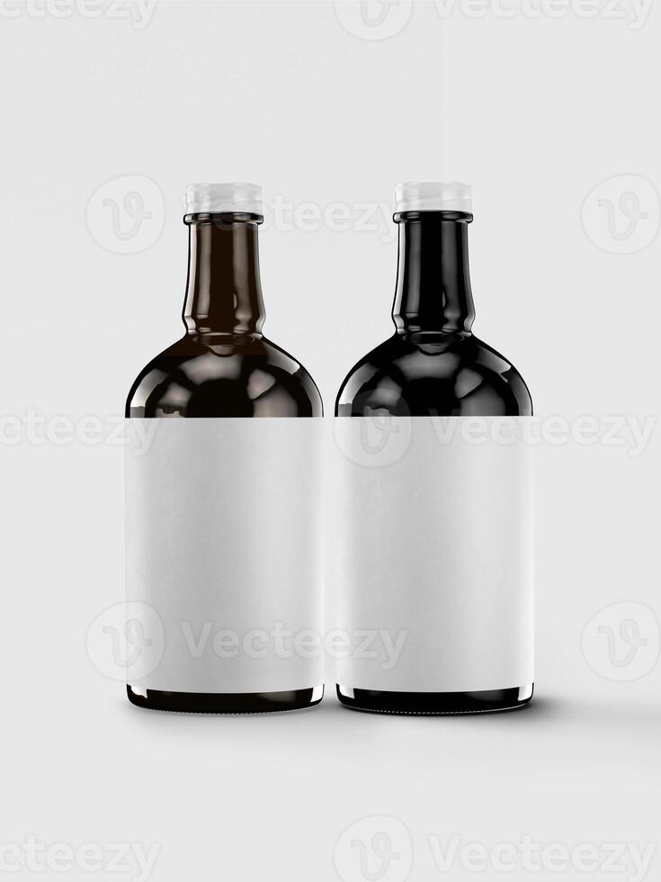 bier fles bespotten omhoog met blanco etiket wit kleur en realistisch veroorzaken. bier fles geïsoleerd Aan wit achtergrond 3d renderen illustratie foto