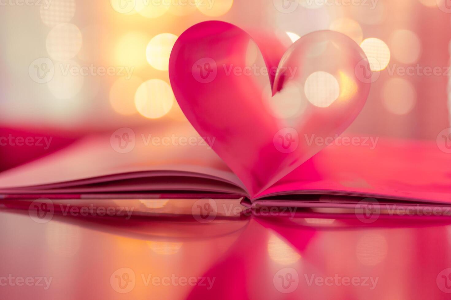 detailopname liefde valentijnskaarten dag ontwerp. perfect hart vorm boek Pagina's romantisch. wijnoogst stijl kopiëren ruimte tekst lichten reflecties. mooi februari Valentijn dag artistiek achtergrond. paar verjaardag foto