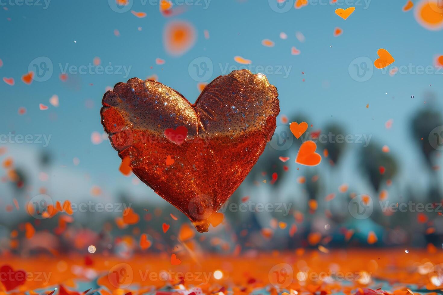 ai gegenereerd hart vormig confetti vallend van een helder blauw lucht professioneel fotografie achtergrond foto