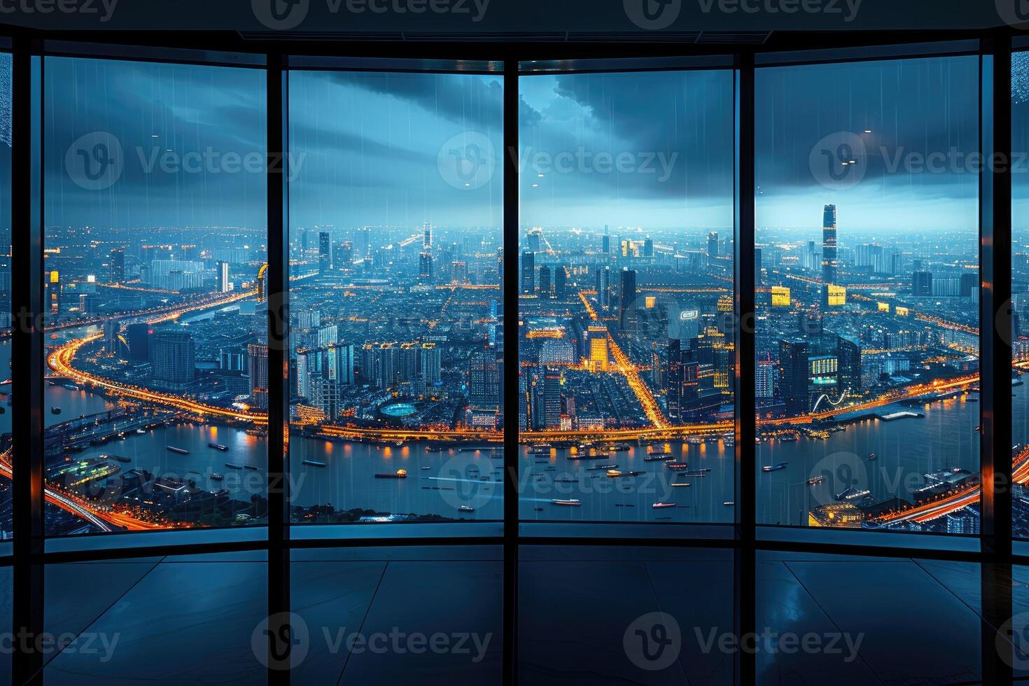 ai gegenereerd panoramisch venster tonen een visie van een nacht tijd stad lit omhoog met lichten en regenachtig professioneel fotografie foto