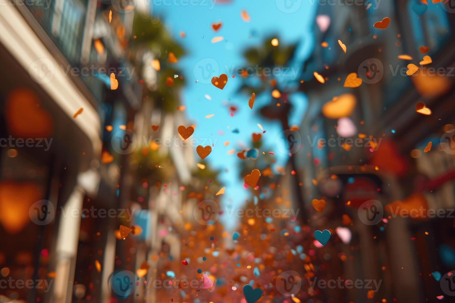 ai gegenereerd hart vormig confetti vallend van een helder blauw lucht professioneel fotografie achtergrond foto