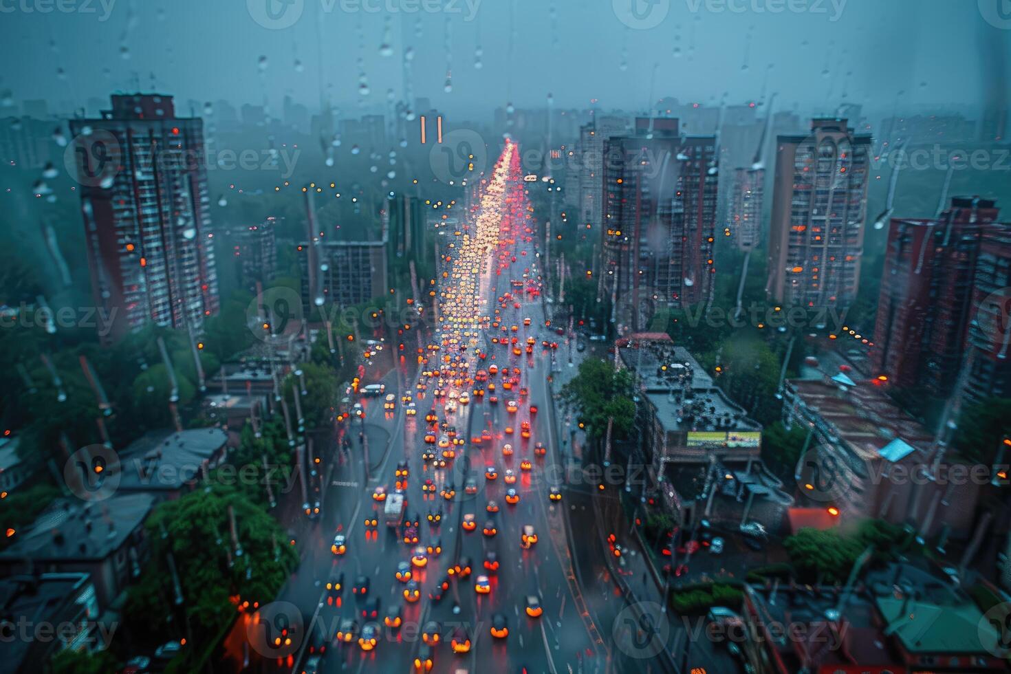 ai gegenereerd panoramisch venster tonen een visie van een nacht tijd stad lit omhoog met lichten en regenachtig professioneel fotografie foto