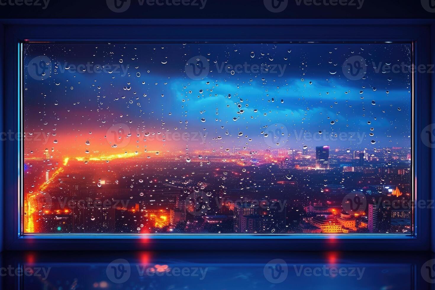 ai gegenereerd panoramisch venster tonen een visie van een nacht tijd stad lit omhoog met lichten en regenachtig professioneel fotografie foto