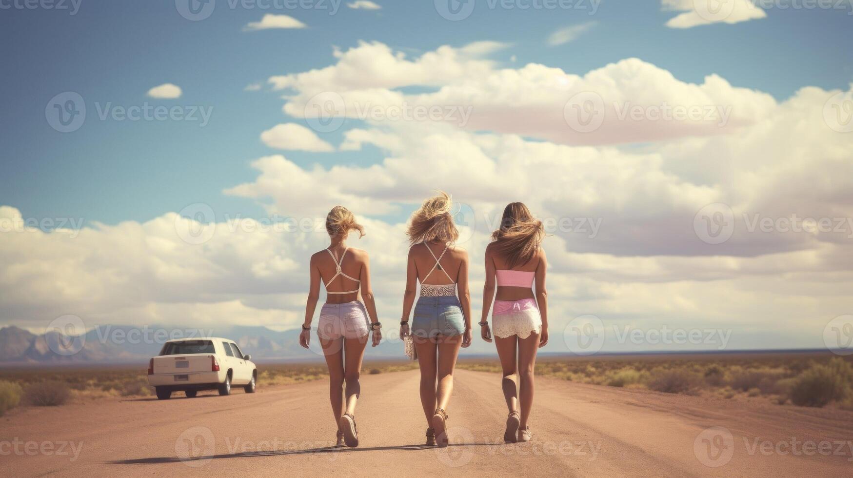 ai gegenereerd drie mooi meisjes in shorts en tank tops zijn wandelen langs een snelweg door woestijnen. zomer landschap en liften. concept van jeugd, reizen en schoonheid. ai gegenereerd foto