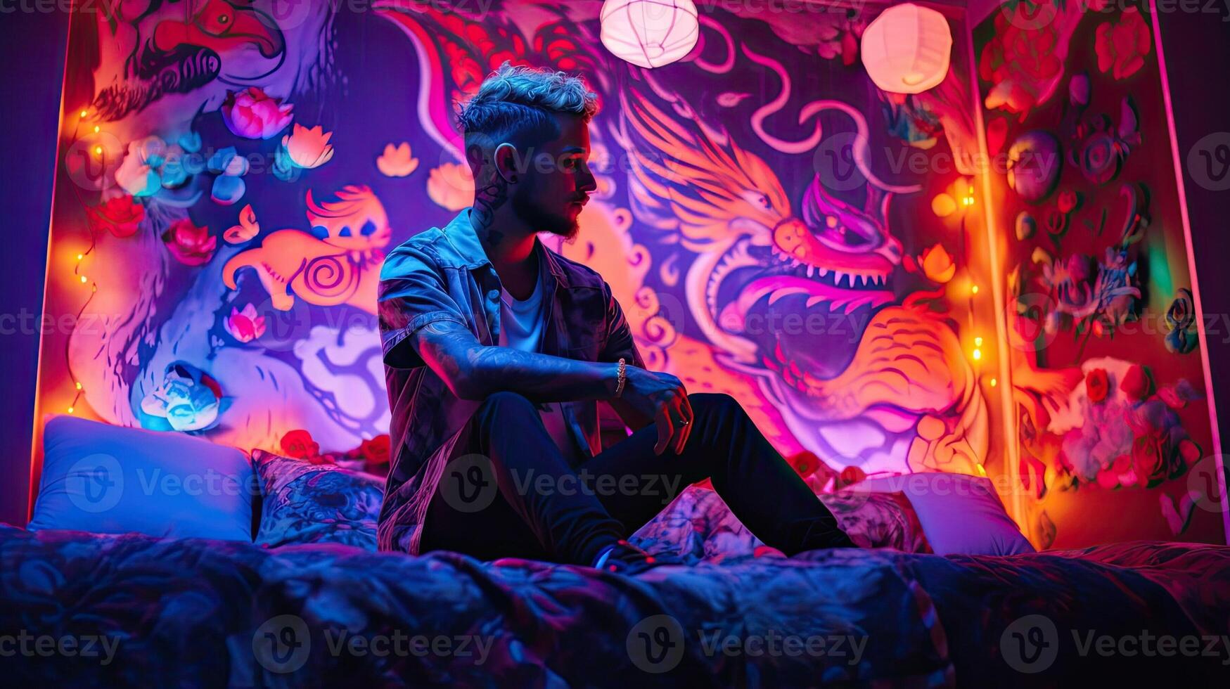 ai gegenereerd getatoeëerd Mens zittend Aan de bed. jong modieus hipster poseren. mannetje model- Aan een roze kleurrijk achtergrond. ai gegenereerd foto