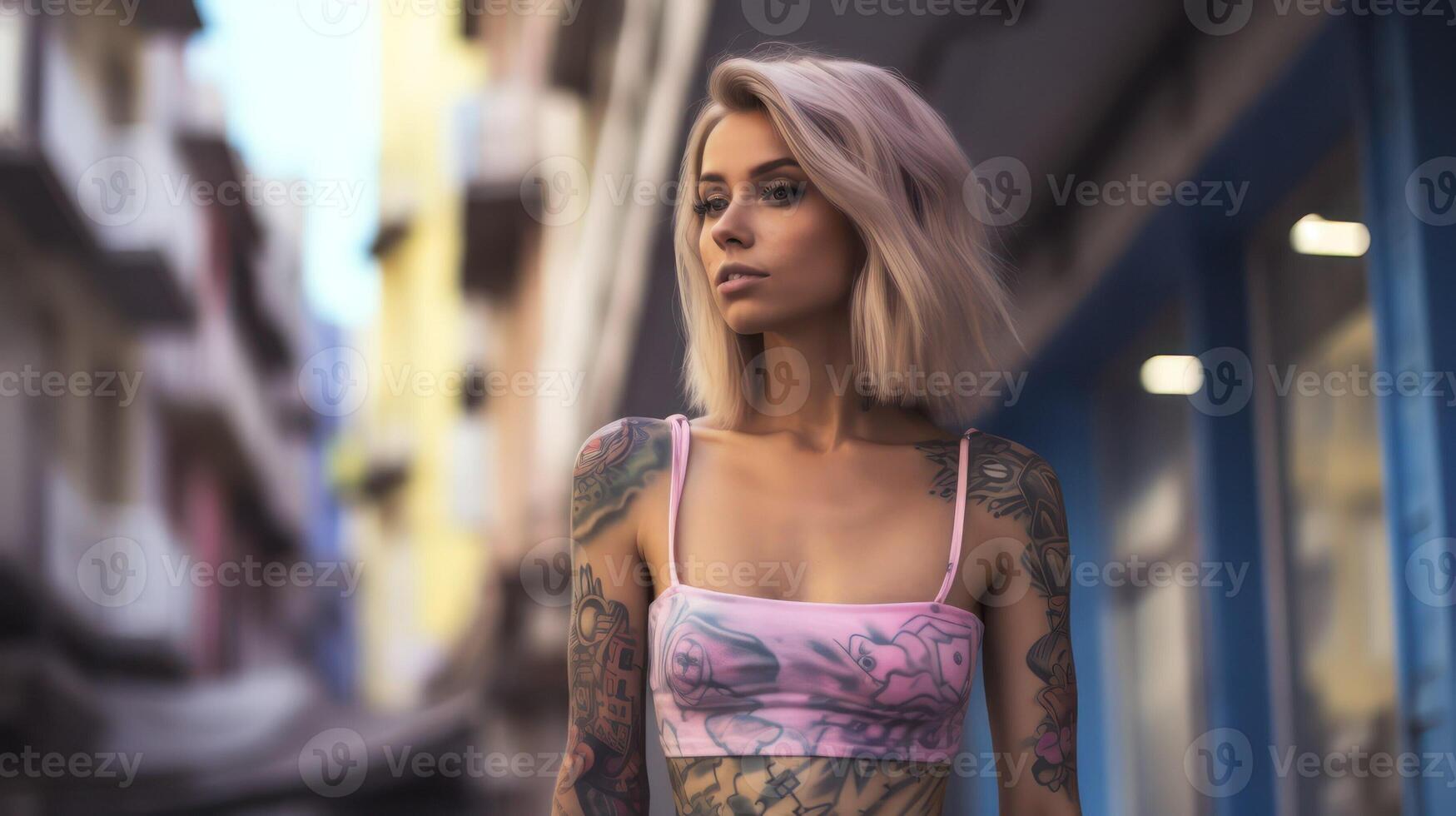 ai gegenereerd getatoeëerd meisje Aan stad straat. jong model- met tatoeages Aan haar schouder, modern subcultuur en mode. ai gegenereerd. portret van een schoonheid vrouw foto