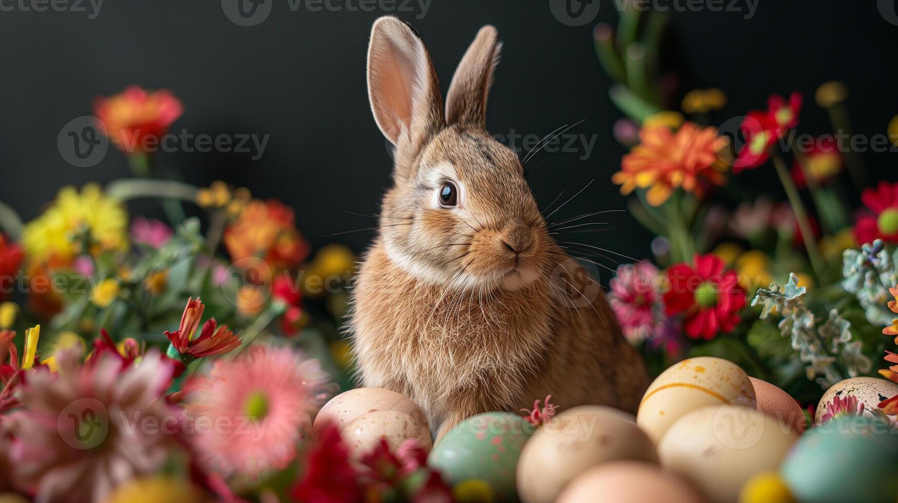 ai gegenereerd schattig bruin konijn omringd door kleurrijk Pasen eieren en voorjaar bloemen foto