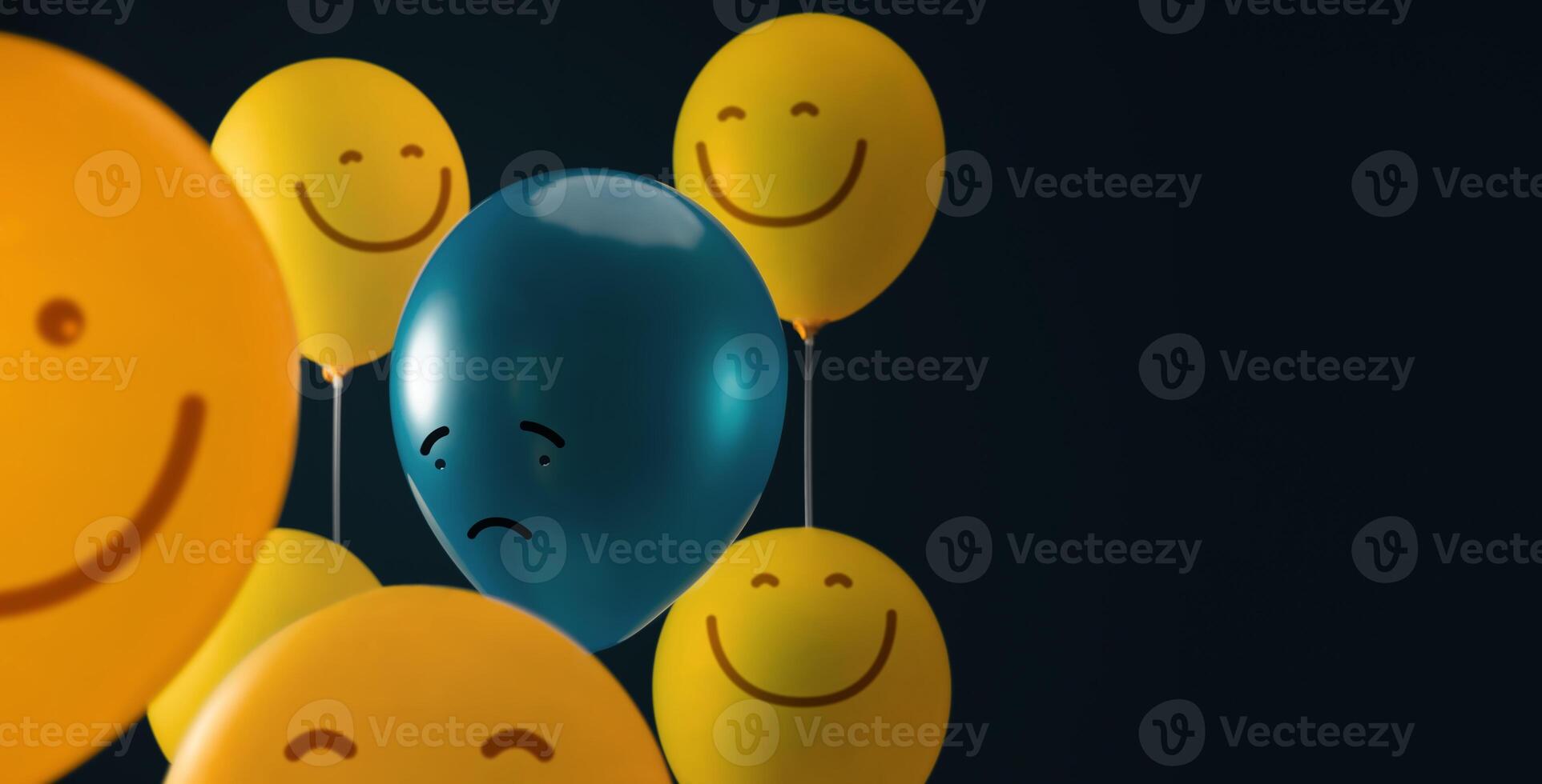 mentaal Gezondheid concept. sociaal pesten, conceptuele foto van een gestrest, ongerustheid, depressief persoon omringd door gelukkig glimlachen ballon