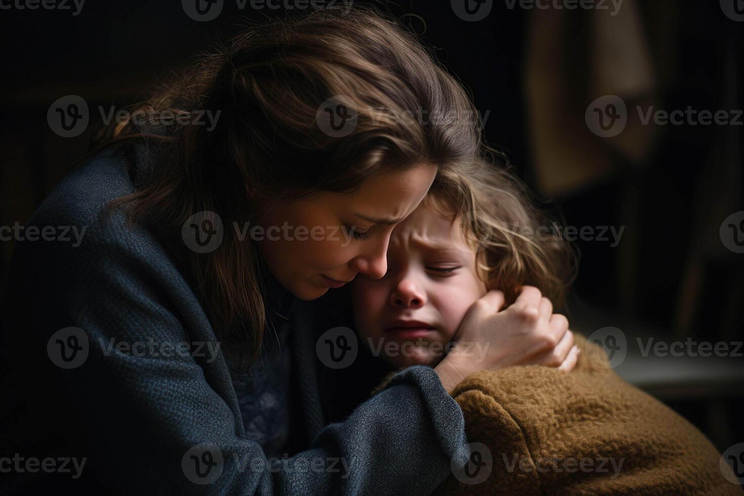 ai gegenereerd een vrouw is knuffelen een kind in een donker kamer foto