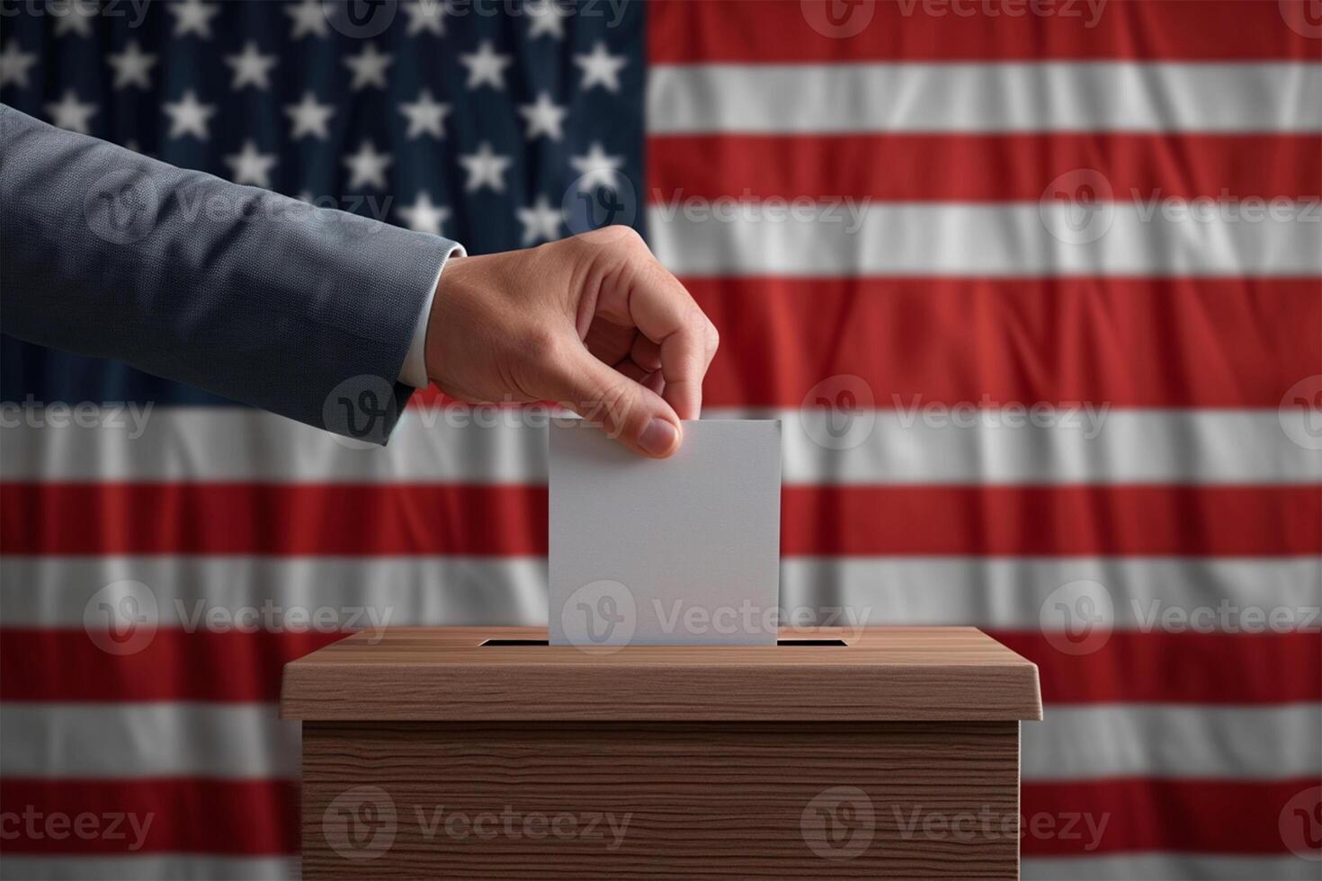 ai gegenereerd een kiezer hand- gieten een stemming met de Amerikaans vlag in de achtergrond.patriottisch plicht. stemmen in Amerika. foto