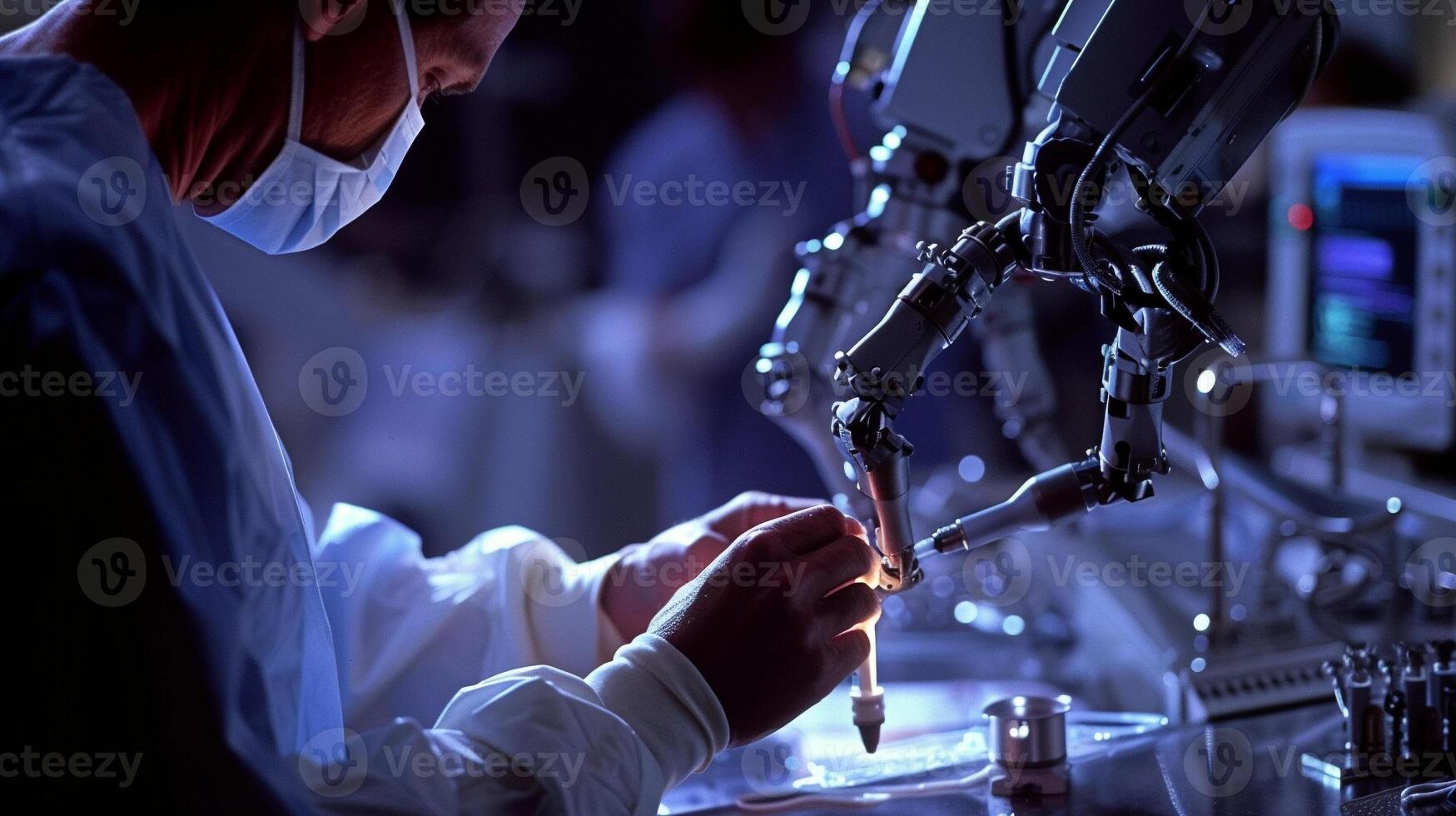 ai gegenereerd een gefocust wetenschapper dirigeren Onderzoek gebruik makend van een high Tech microscoop in een laboratorium instelling. foto