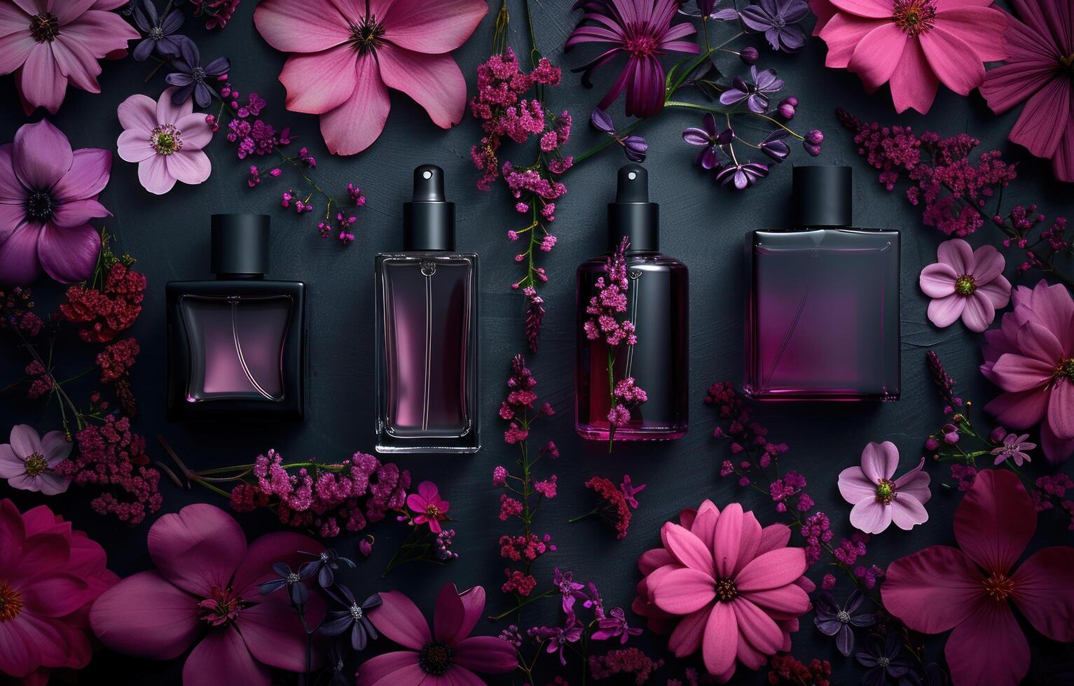 ai gegenereerd klein flessen van parfum zijn allemaal in de omgeving van elk andere met sommige roze bloemen foto