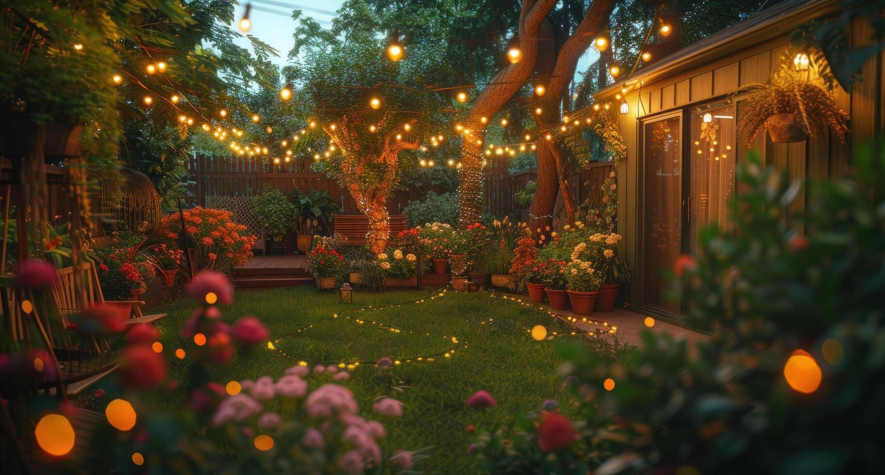 ai gegenereerd een achtertuin onder lichten Bij schemer met bomen en bloemen foto