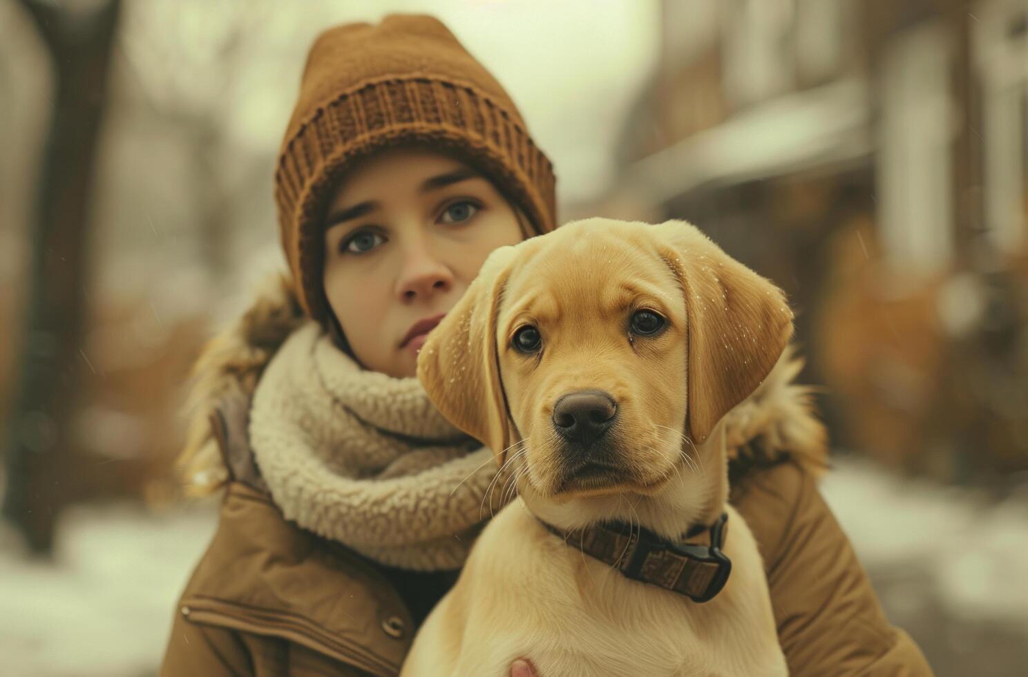 ai gegenereerd vrouw wandelen haar geel labrador puppy in stad foto