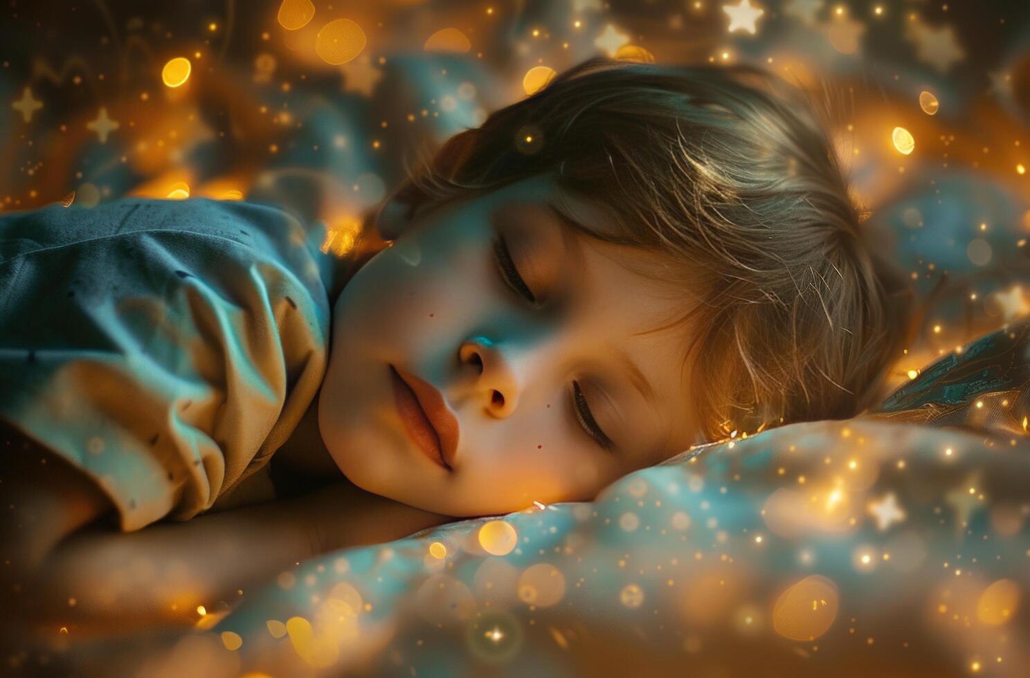 ai gegenereerd een kind slaapt in een bed met sterren, foto