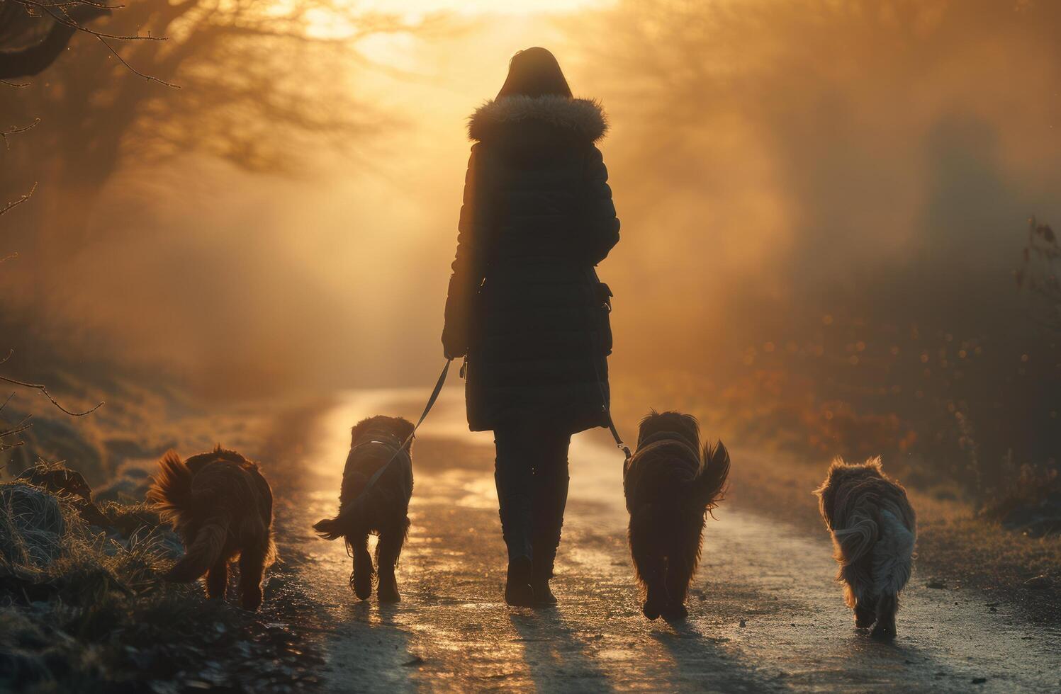 ai gegenereerd sereen hond wandelen Bij zonsopkomst foto