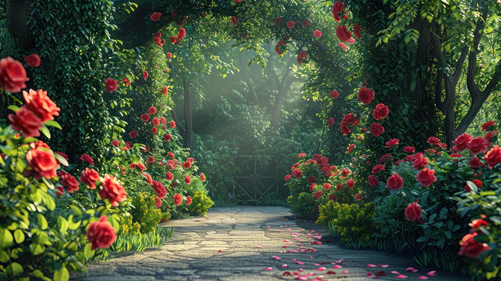 ai gegenereerd mooi helder achtergrond van een zomer tuin met een bloeiend roos struik foto