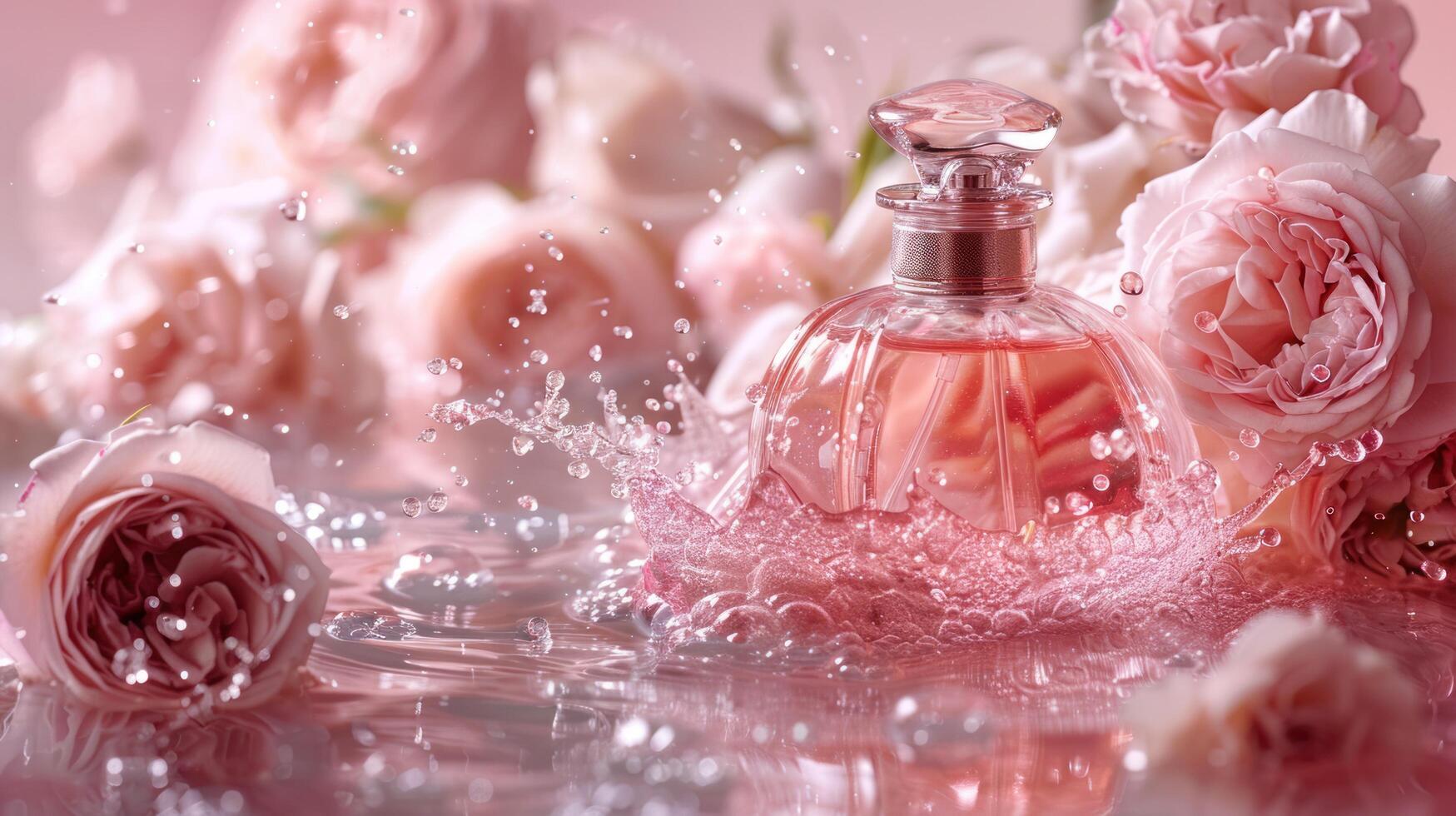 ai gegenereerd parfum fles gemaakt van glas reeks tegen een backdrop van roos water. met een bloemen arrangement met een water plons foto