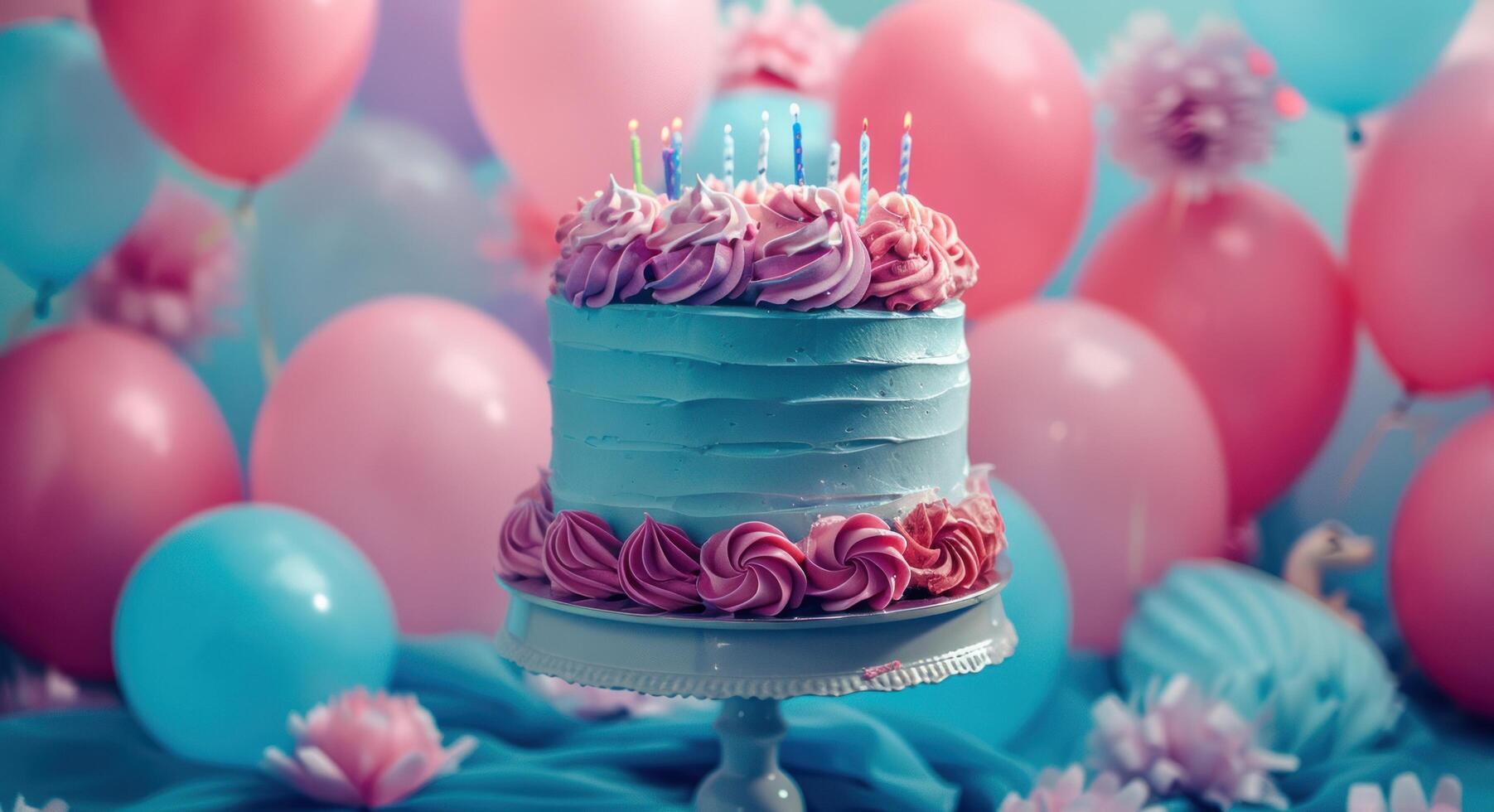 ai gegenereerd een verjaardag taart met ballonnen Aan haar oppervlakte foto