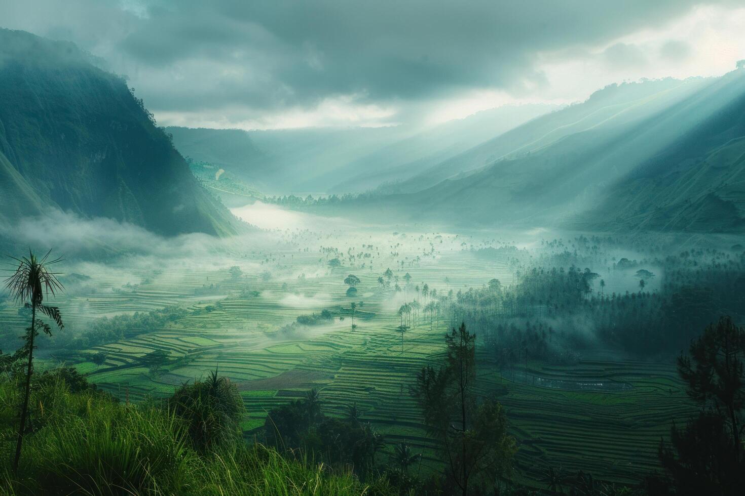 ai gegenereerd een visie van een vallei omringd door mist foto