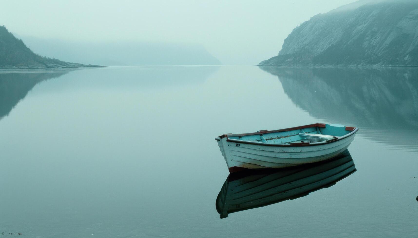 ai gegenereerd klein boot Aan de kalmte wateren in Noorwegen foto