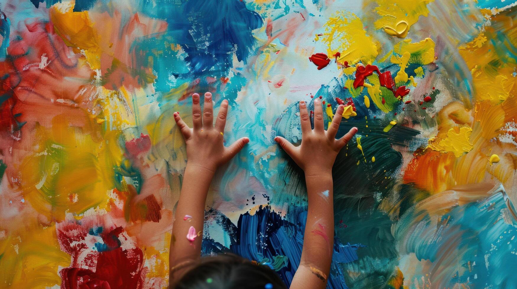 ai gegenereerd een kind blij trekt met hun handen, vlekkerig kleuren aan de overkant de canvas in speels in de steek laten foto
