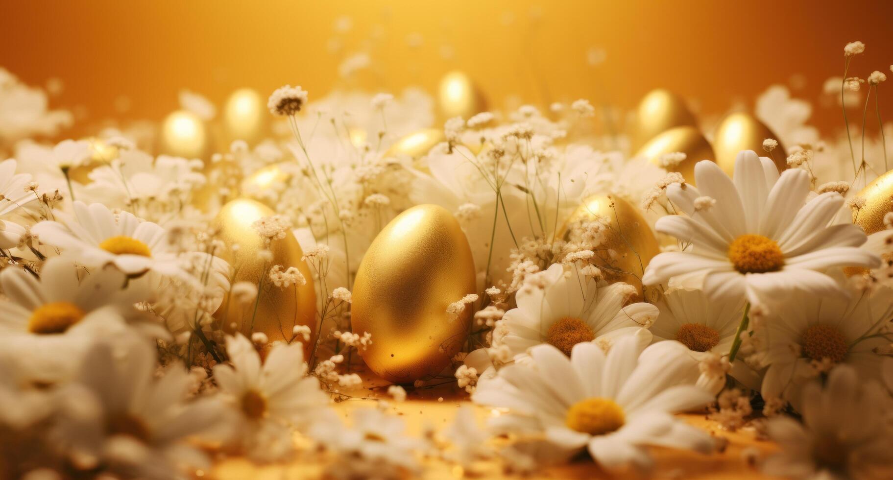 ai gegenereerd een groep van gouden eieren en bloemen gedekt in schitteren houdende Aan een geel achtergrond foto