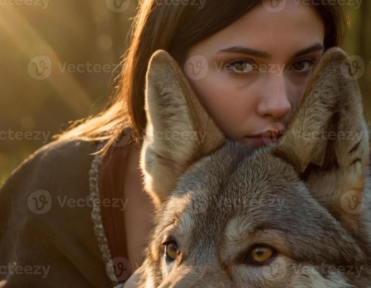 ai gegenereerd verdrietig vrouw met een reusachtig hond. foto