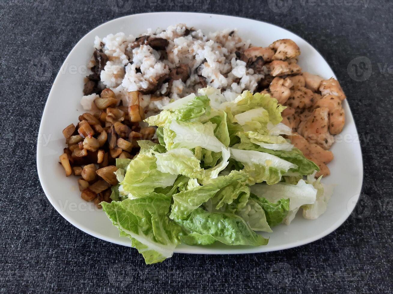 eigengemaakt gegrild kip met gegrild gehakt aubergine, groen salade, en rijst- pilaf met champignons foto