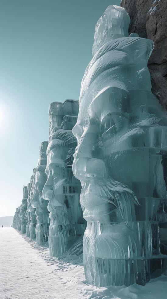 ai gegenereerd ijzig voogden, terracotta krijgers gebeeldhouwd in ijs, staand majestueus in een besneeuwd landschap foto