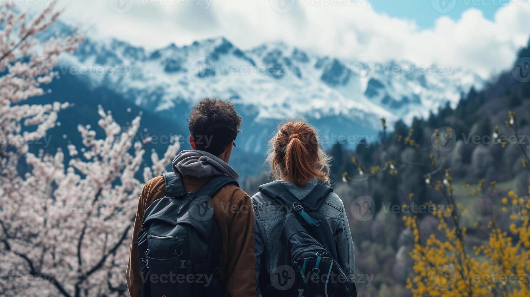 ai gegenereerd achterzijde visie portret van een gelukkig paar met een voorjaar visie in de bergen net zo een achtergrond, generatief ai, achtergrond beeld foto