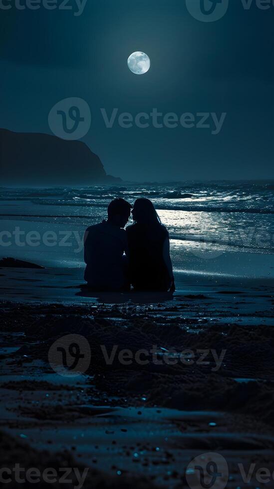 ai gegenereerd paar sharing een stil moment Aan een maanlicht strand, Valentijnsdag dag gevoel, achtergrond afbeelding, generatief ai foto