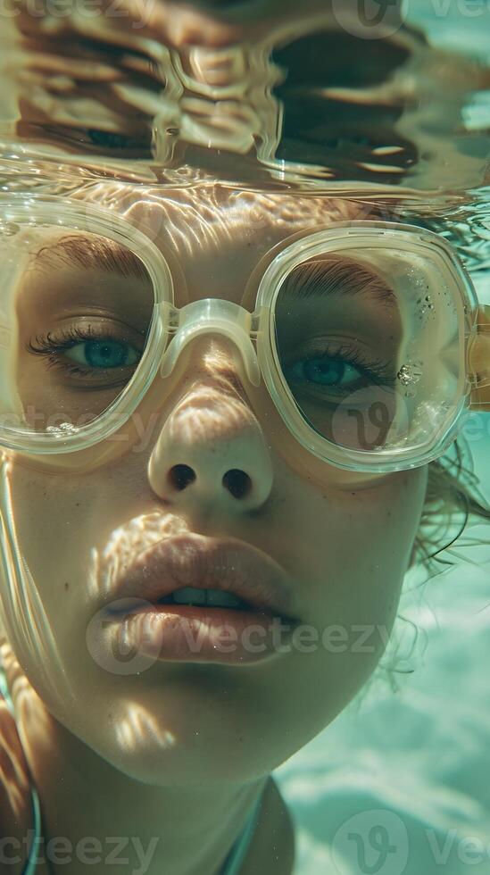 ai gegenereerd rivier- onderwater- portret van een blond jong wit vrouw vervelend zwemmen stofbril, generatief ai, achtergrond beeld foto
