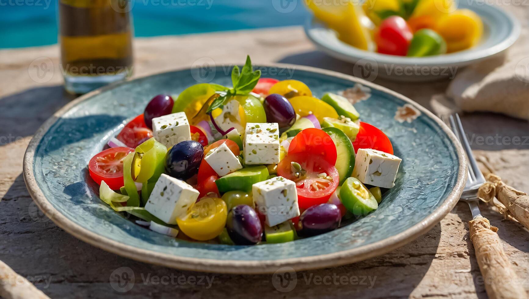 ai gegenereerd heerlijk Grieks salade in een bord buitenshuis in Griekenland foto