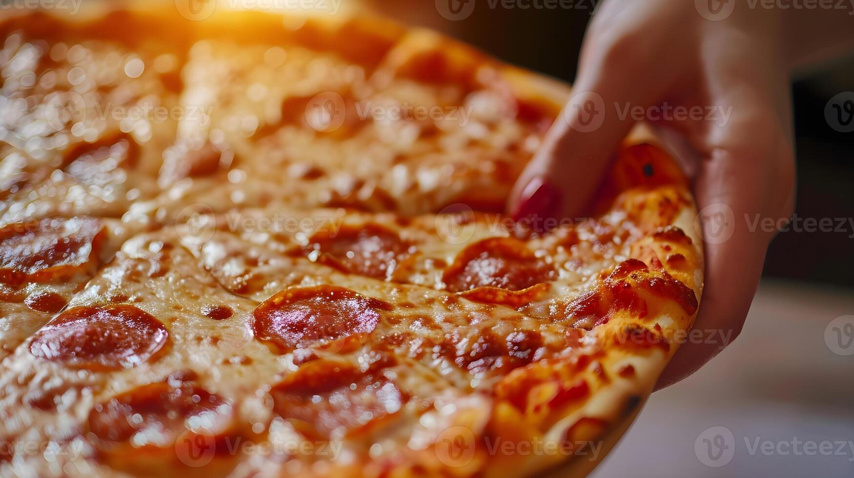 ai gegenereerd detailopname van een vrouw hand- Holding een heerlijk pizza, achtergrond afbeelding, generatief ai foto