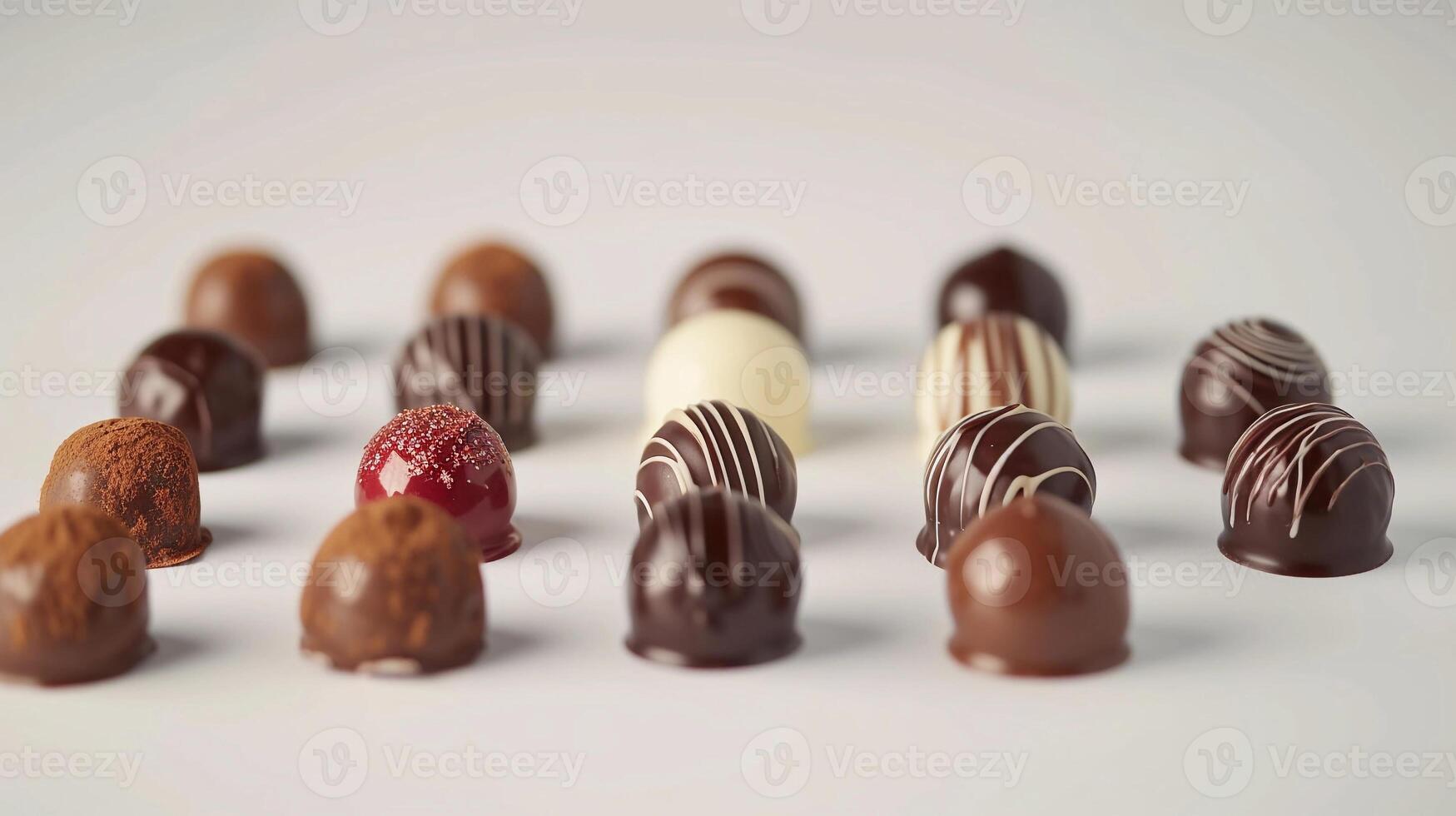 ai gegenereerd chocola truffels, glanzend chocola truffels geregeld netjes Aan een wit oppervlak, achtergrond afbeelding, generatief ai foto