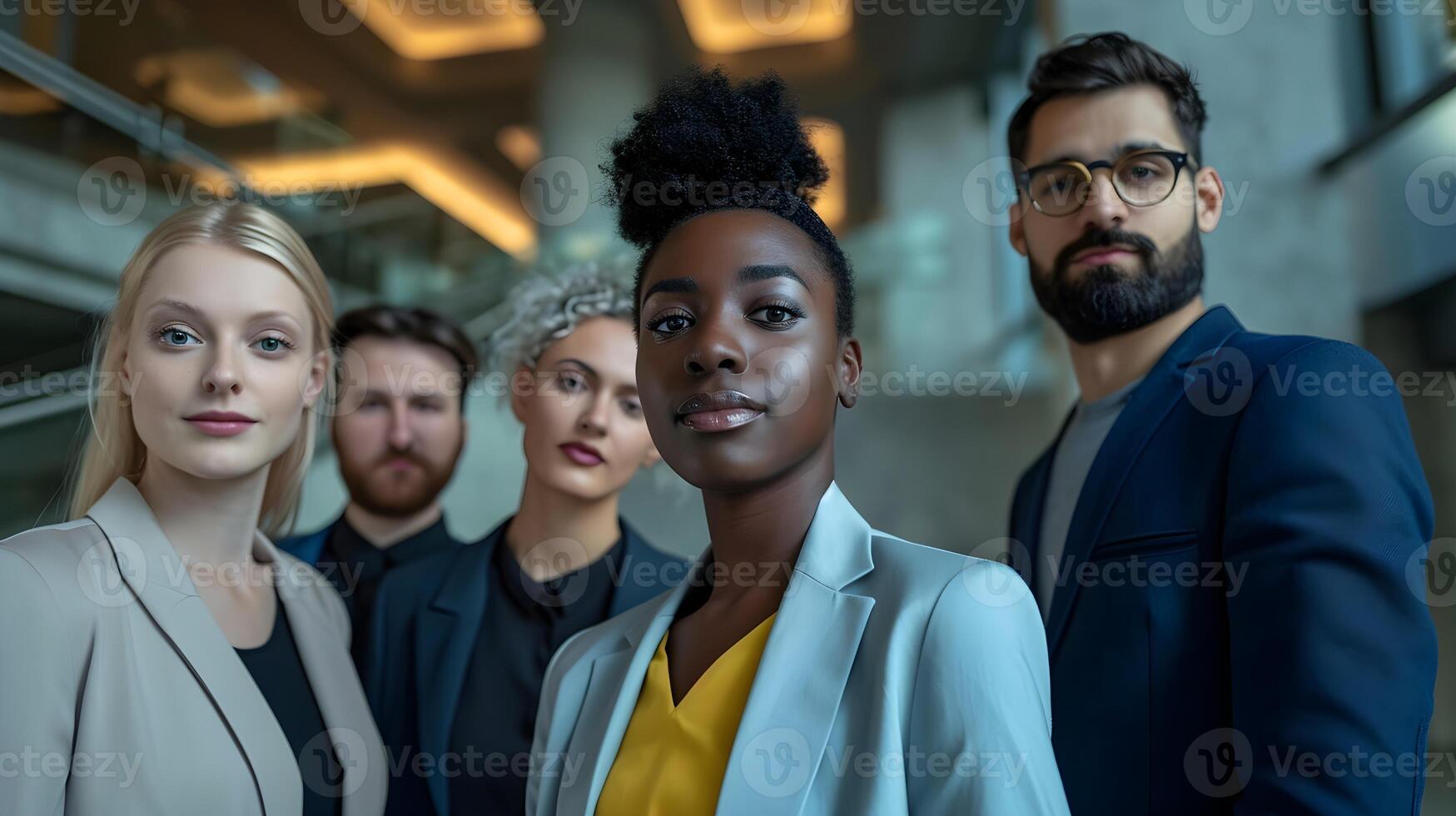 ai gegenereerd portret van geslaagd multi-etnisch bedrijf team poseren in futuristische kantoor, generatief ai foto
