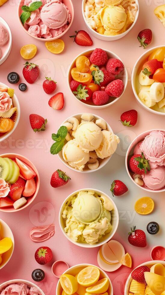 ai gegenereerd fruitig ijs gelukzaligheid, verscheidenheid van fruitig ijs smaken geregeld in een visueel aantrekkelijk Scherm, generatief ai foto