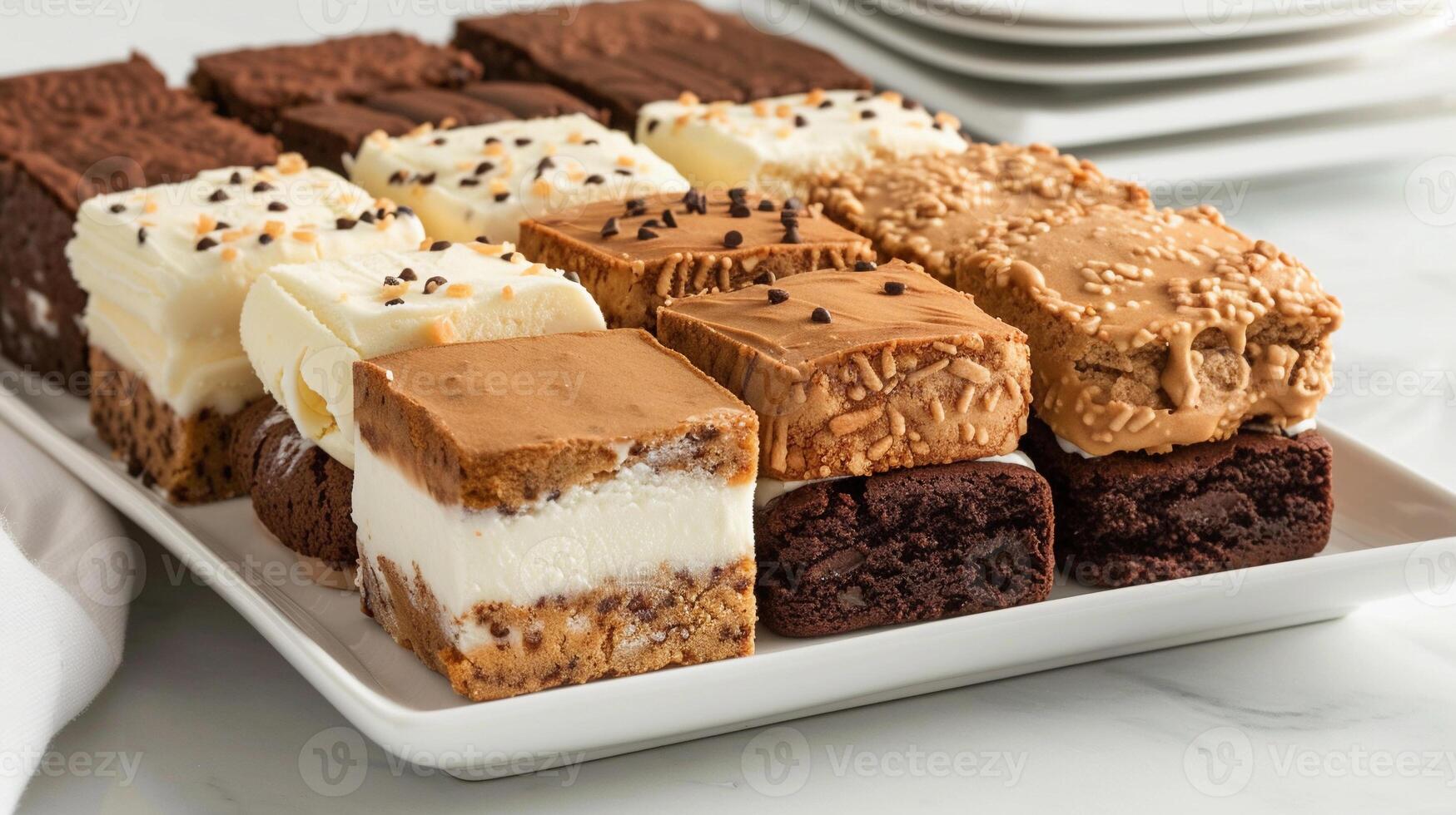 ai gegenereerd ijs room belegd broodje de hemel, assortiment van eigengemaakt ijs room boterhammen met zacht koekjes of brownies sandwichen romig ijs room, generatief ai foto