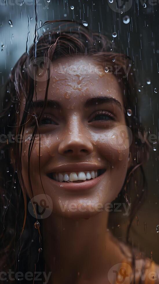 ai gegenereerd portret van een glimlachen jong wit vrouw doorweekt in zwaar regenen, generatief ai, achtergrond beeld foto