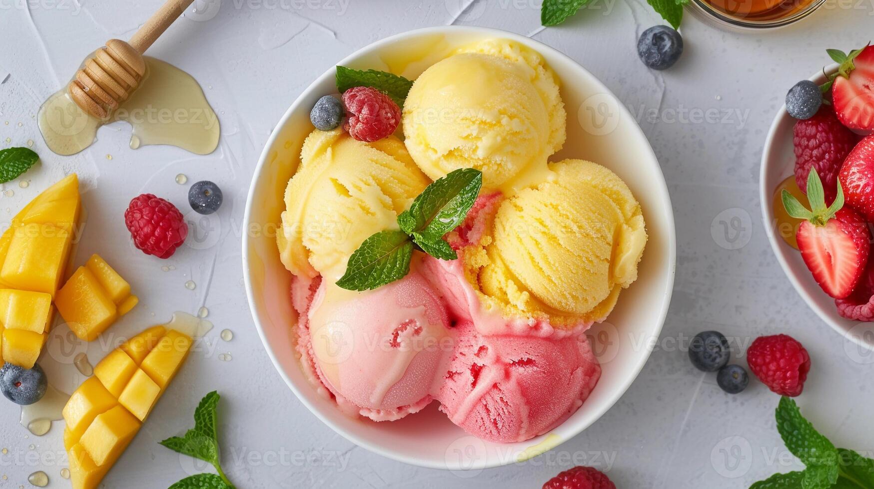 ai gegenereerd vers en fruitig, een kom van levendig sorbet gemaakt met echt fruit brokken, generatief ai foto