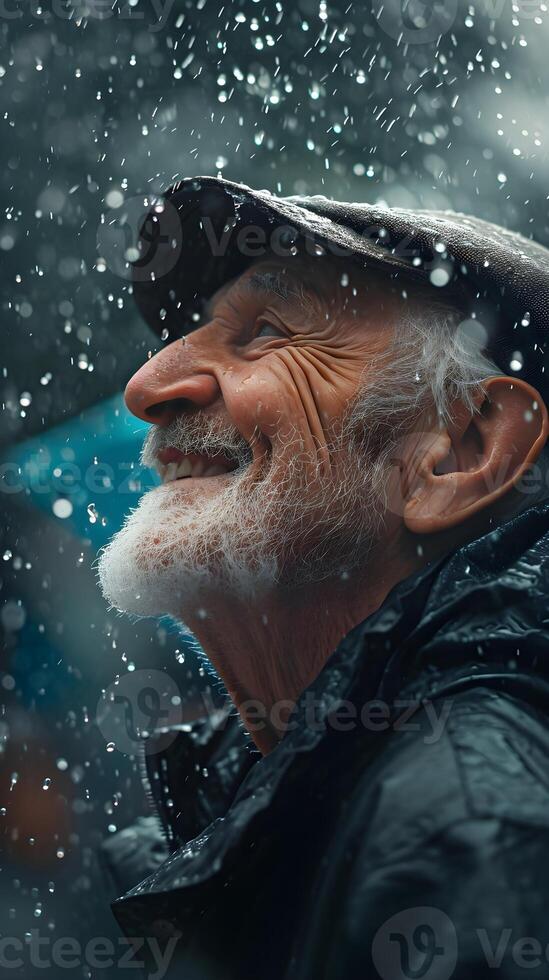 ai gegenereerd kant visie portret van een glimlachen ouderen wit mannetje doorweekt in de gieten regenen, generatief ai, achtergrond beeld foto