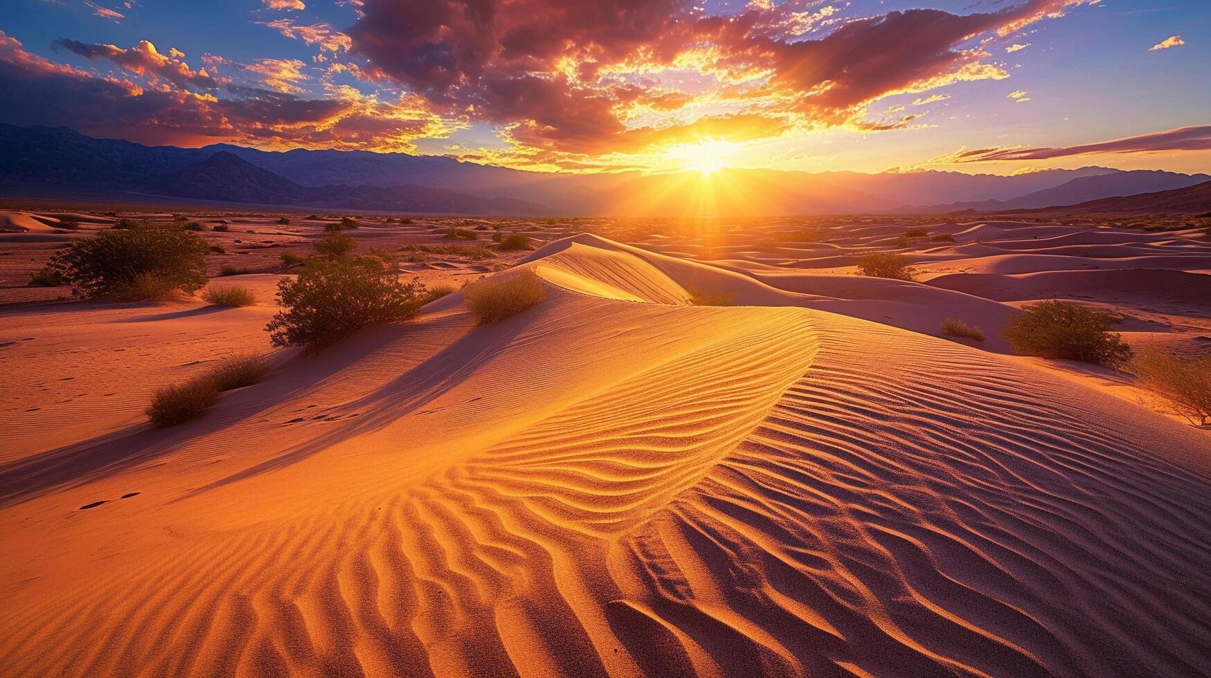 ai gegenereerd enorm uitgestrektheid van woestijn zand duinen gloeiend in de warm licht van de instelling zon, achtergrond afbeelding, generatief ai foto
