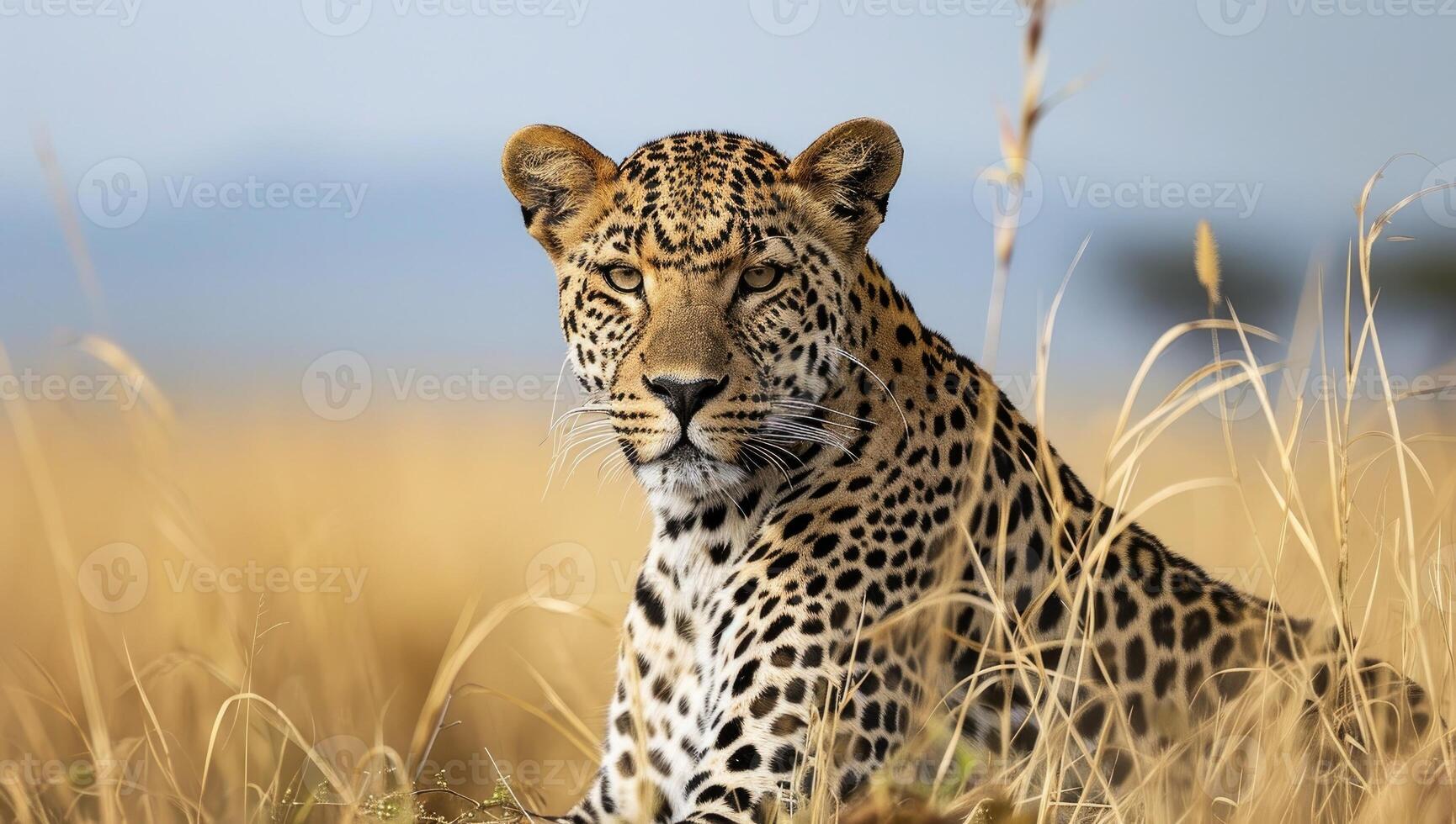 ai gegenereerd luipaard in gouden savanne gras onder blauw lucht foto