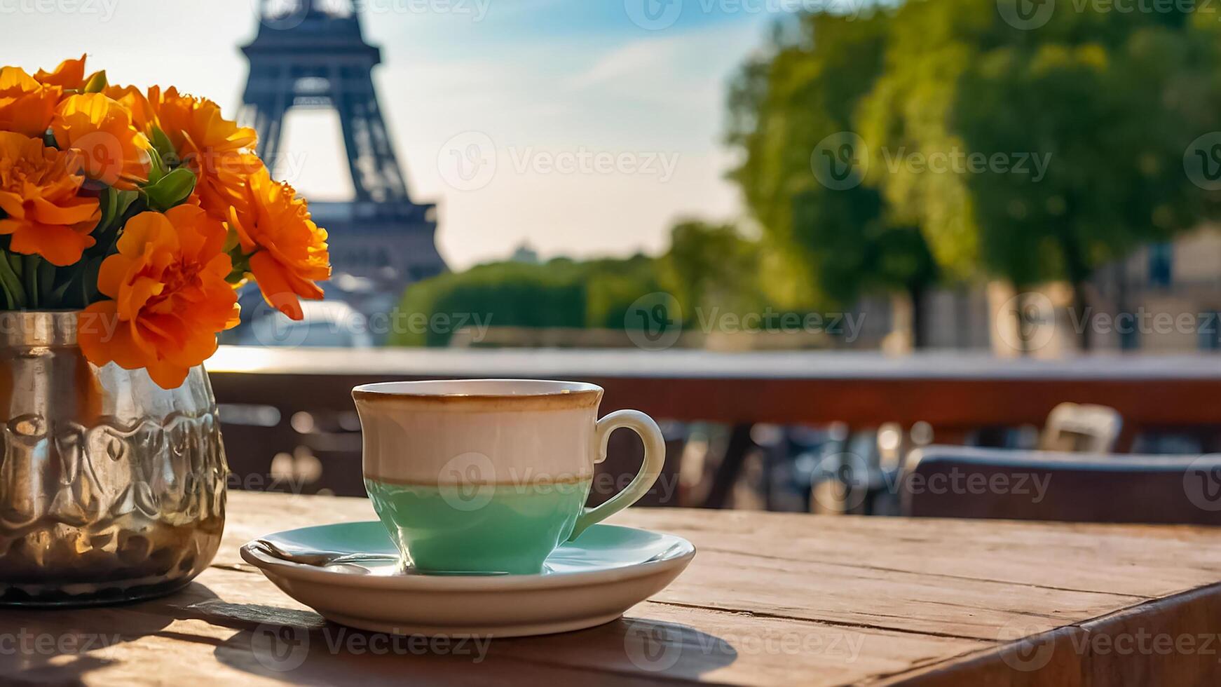 ai gegenereerd kop van koffie, bloemen tegen de achtergrond van de eiffel toren, Parijs foto