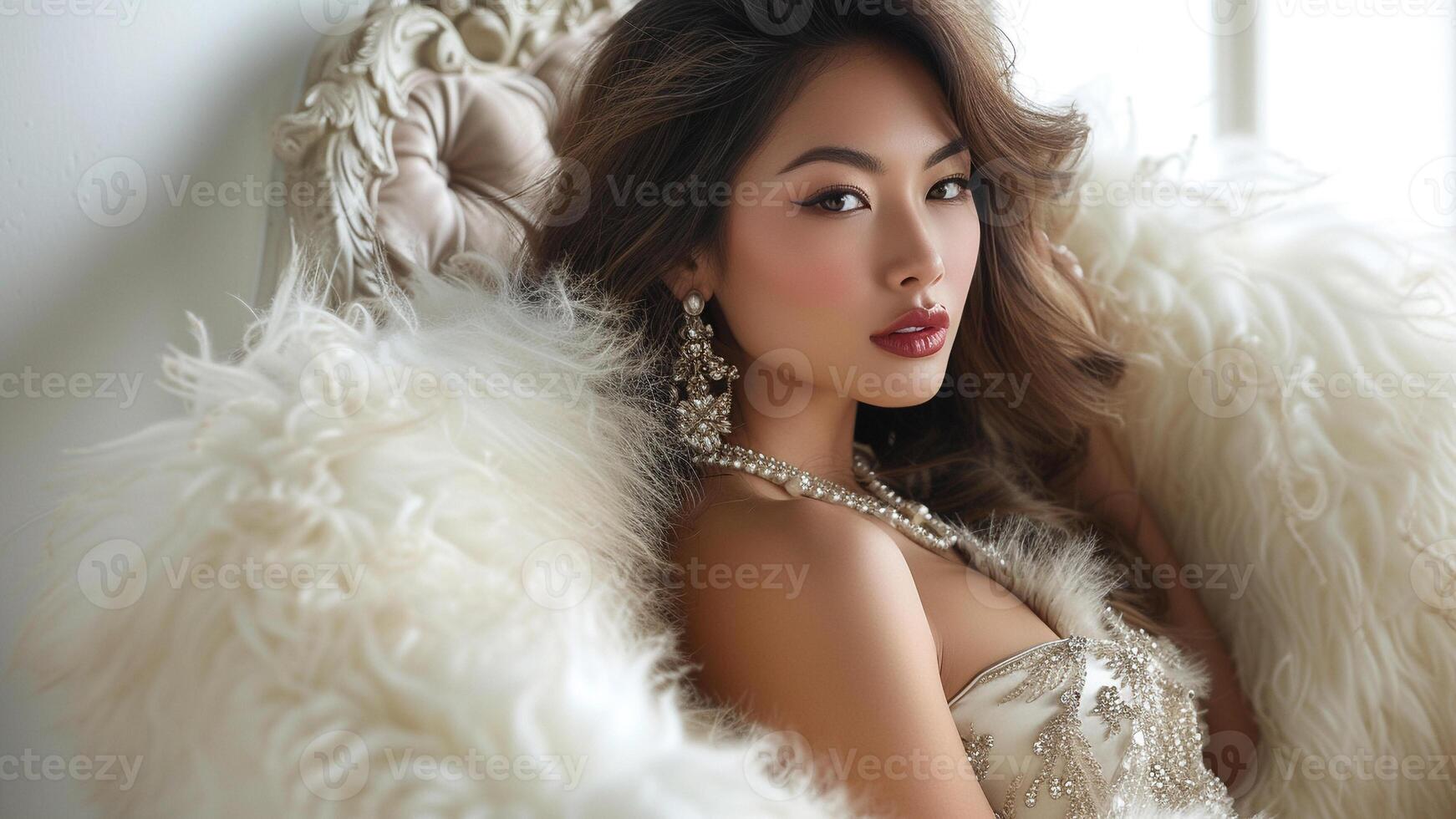 ai gegenereerd aantrekkingskracht luxueus Aziatisch vrouw achterover leunen in vacht en juwelen foto