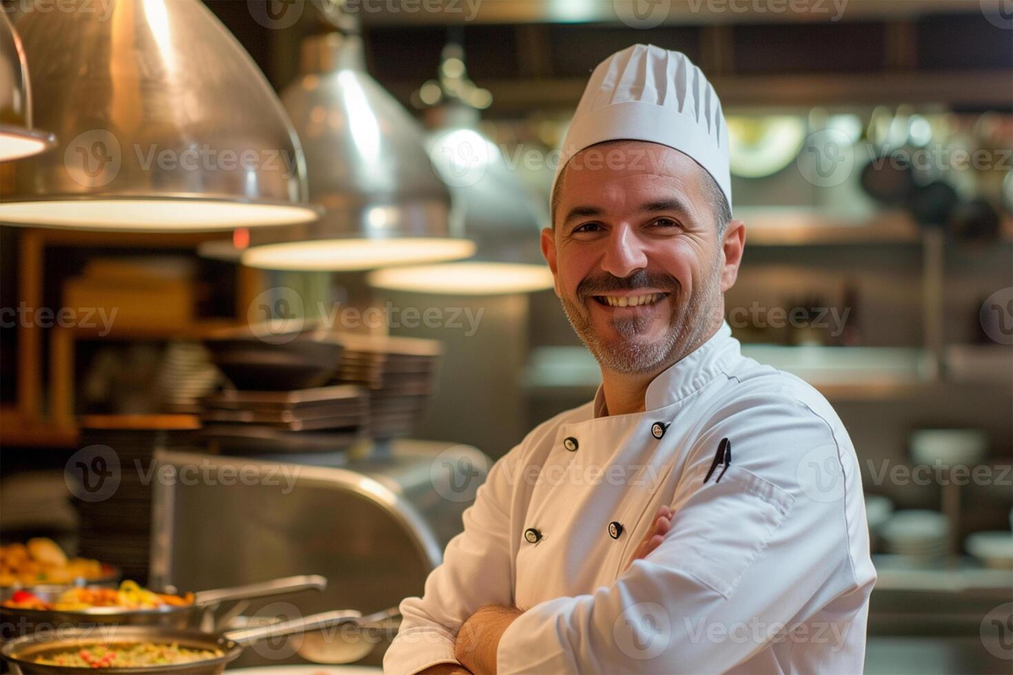 ai gegenereerd portret van een glimlachen mannetje chef staand met armen gekruiste in de keuken foto