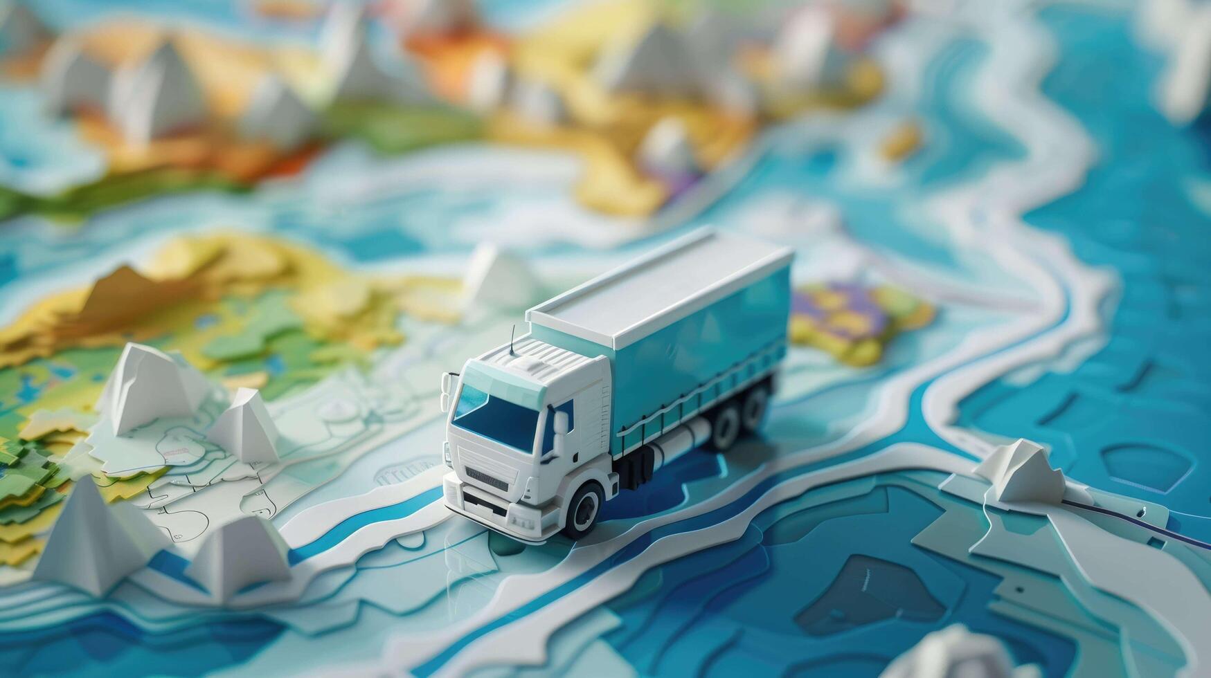 ai gegenereerd miniatuur blauw vrachtauto Aan een weg door herfst- Woud - logistiek en seizoensgebonden reizen concept foto