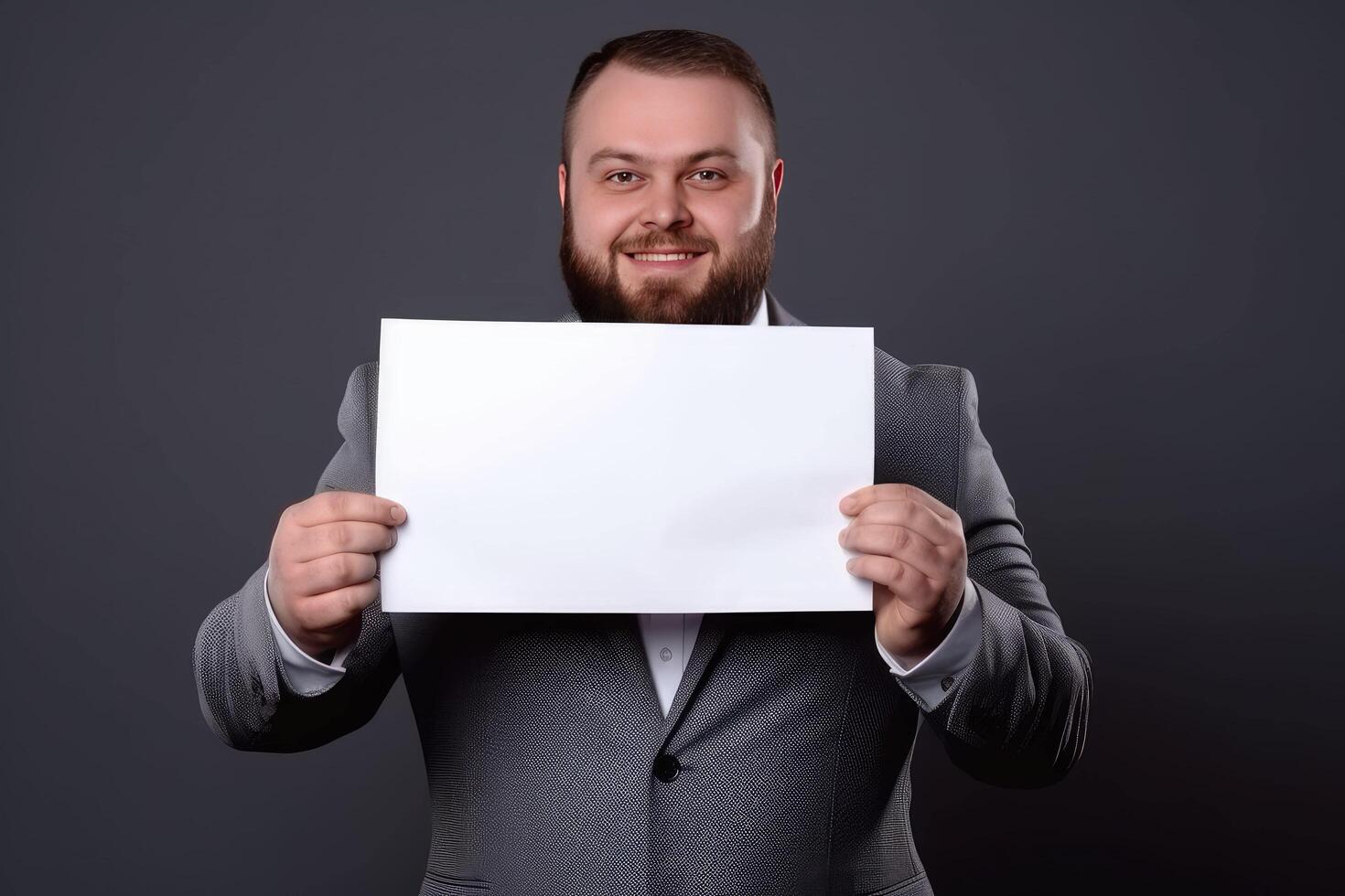 ai gegenereerd vriendelijk zakenman presenteren een blanco teken voor advertentie met kopiëren ruimte foto